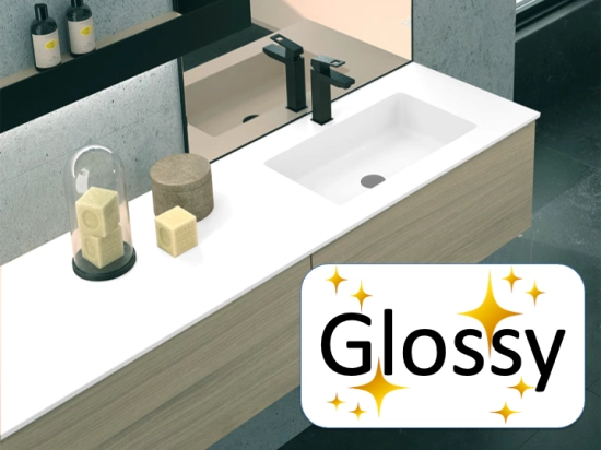 Plan vasque lavabo, sur mesure, Largeur 70 à 200 cm x Profondeur 40 à 80 cm, résine composite de haute qualité, Finition lisse blanc BRILLANT laqué ou mate, Livraison Offerte.